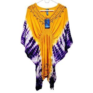 Handmade Aqua Blue Tie-Dye Caftan Top Beaded Flowy Draped Design One Size Fits